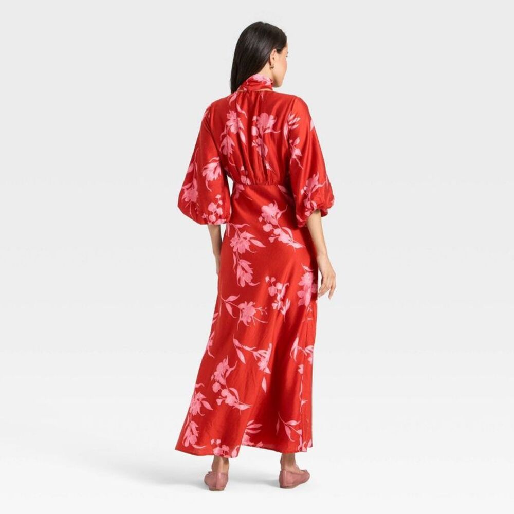 Women's Tie Neck Maxi Dress - A New Day Red Floral M - Picture 2 of 4